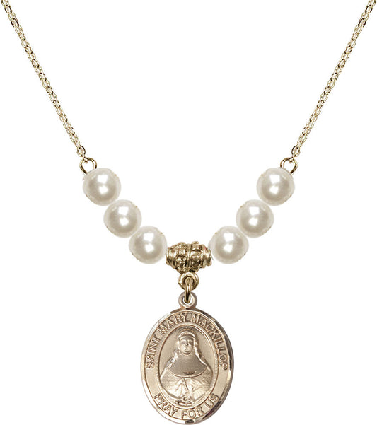14kt Gold Filled Saint Mary Mackillop Birthstone Necklace with Faux-Pearl Beads - 8425