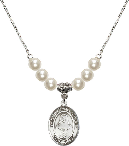 Sterling Silver Saint Mary Mackillop Birthstone Necklace with Faux-Pearl Beads - 8425