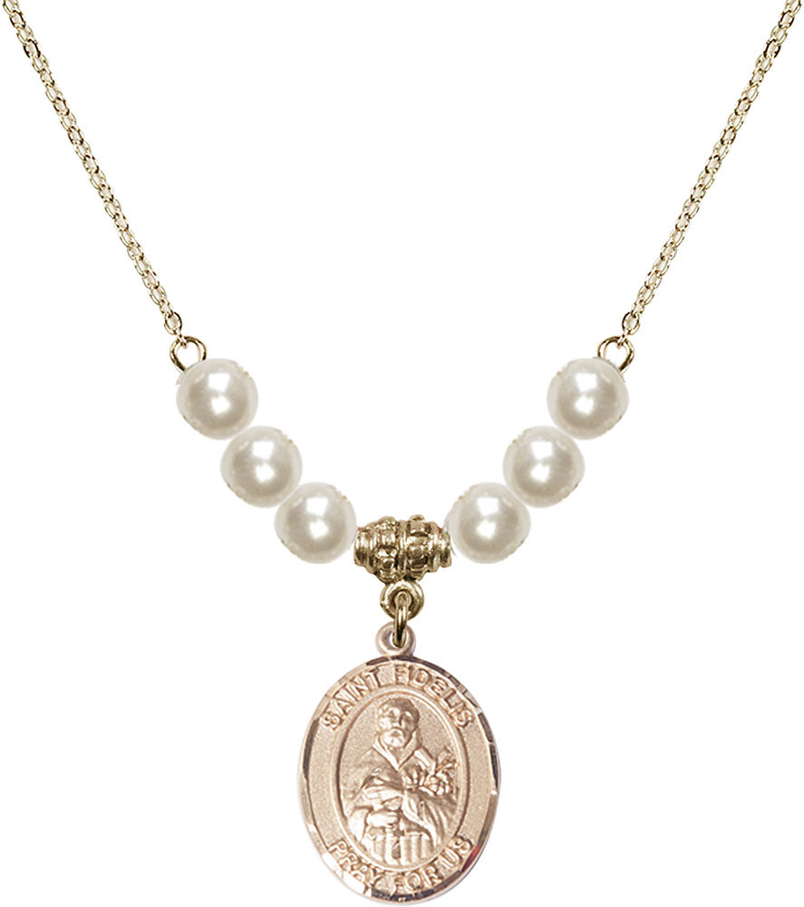 14kt Gold Filled Saint Fidelis Birthstone Necklace with Faux-Pearl Beads - 8426