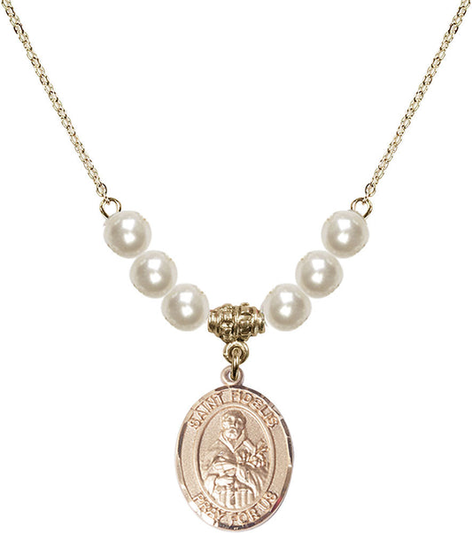 14kt Gold Filled Saint Fidelis Birthstone Necklace with Faux-Pearl Beads - 8426