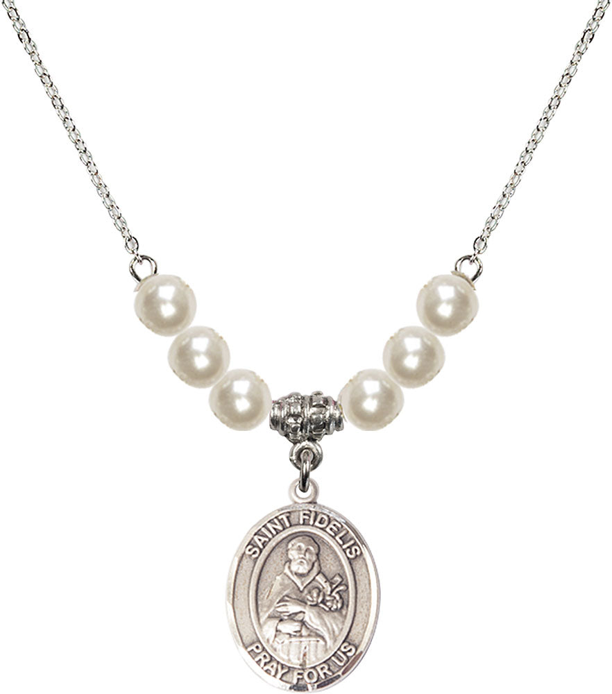 Sterling Silver Saint Fidelis Birthstone Necklace with Faux-Pearl Beads - 8426