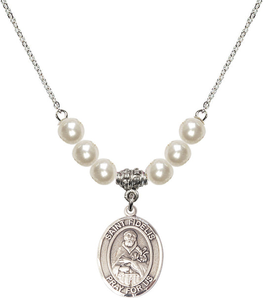 Sterling Silver Saint Fidelis Birthstone Necklace with Faux-Pearl Beads - 8426