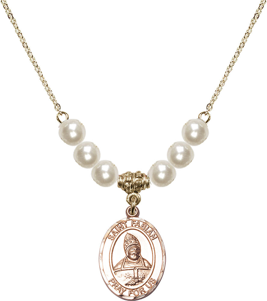 14kt Gold Filled Saint Fabian Birthstone Necklace with Faux-Pearl Beads - 8427