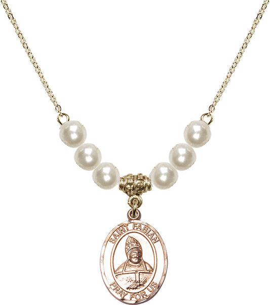 14kt Gold Filled Saint Fabian Birthstone Necklace with Faux-Pearl Beads - 8427