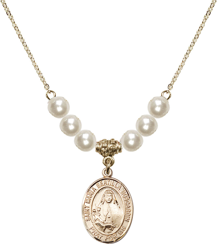14kt Gold Filled Saint Maria Bertilla Boscardin Birthstone Necklace with Faux-Pearl Beads - 8428