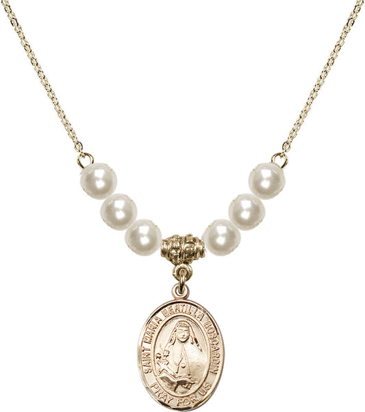 14kt Gold Filled Saint Maria Bertilla Boscardin Birthstone Necklace with Faux-Pearl Beads - 8428