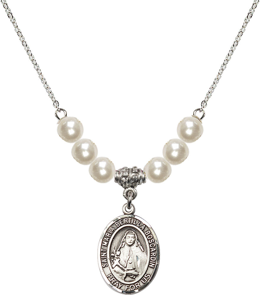 Sterling Silver Saint Maria Bertilla Boscardin Birthstone Necklace with Faux-Pearl Beads - 8428