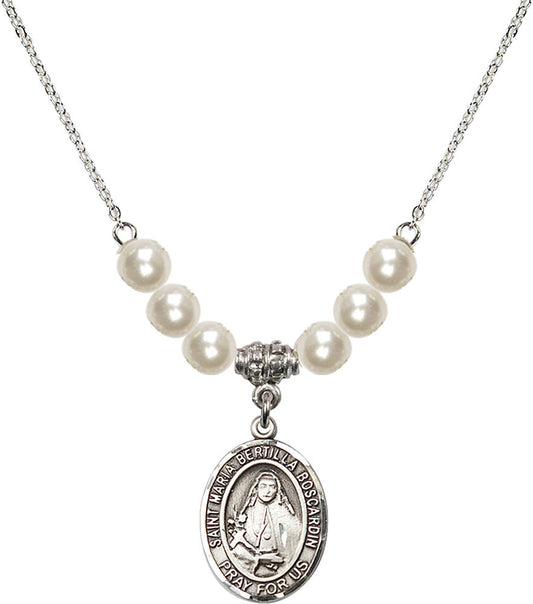 Sterling Silver Saint Maria Bertilla Boscardin Birthstone Necklace with Faux-Pearl Beads - 8428