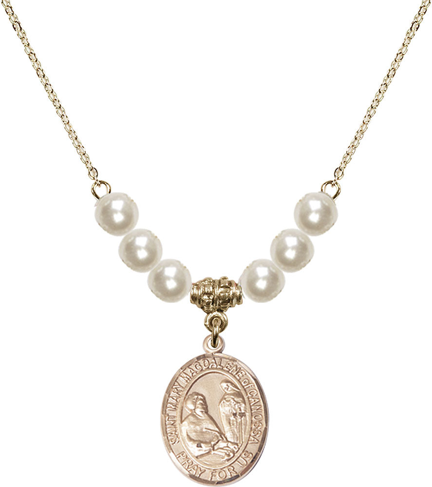 14kt Gold Filled Saint Mary Magdalene of Canossa Birthstone Necklace with Faux-Pearl Beads - 8429