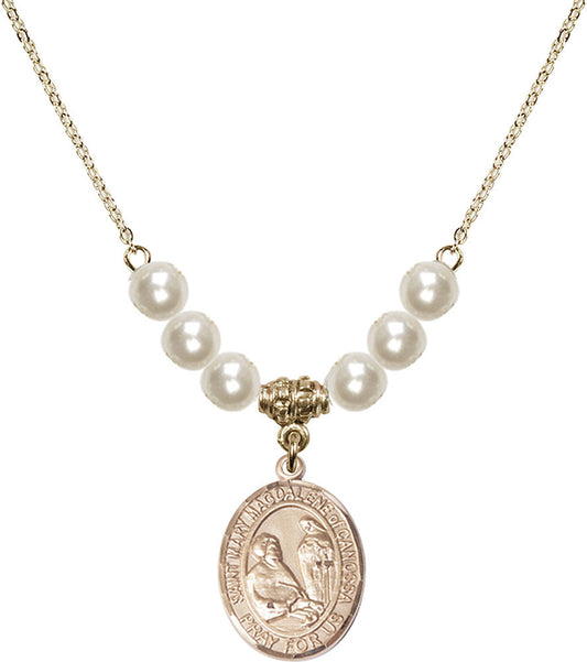 14kt Gold Filled Saint Mary Magdalene of Canossa Birthstone Necklace with Faux-Pearl Beads - 8429