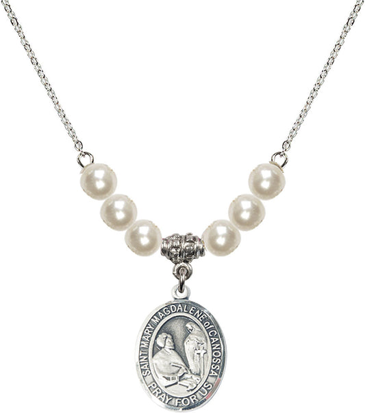 Sterling Silver Saint Mary Magdalene of Canossa Birthstone Necklace with Faux-Pearl Beads - 8429