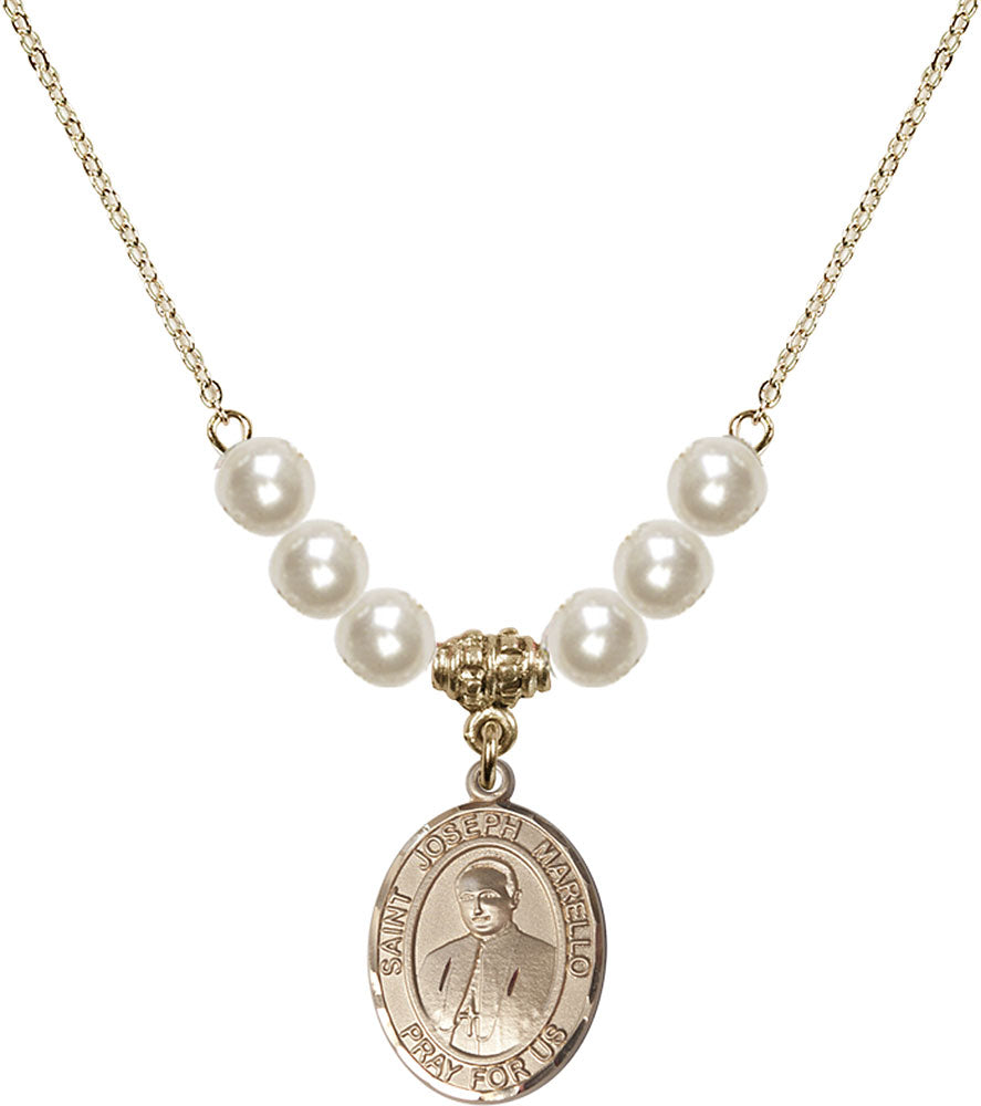 14kt Gold Filled Saint Joseph Marello Birthstone Necklace with Faux-Pearl Beads - 8430