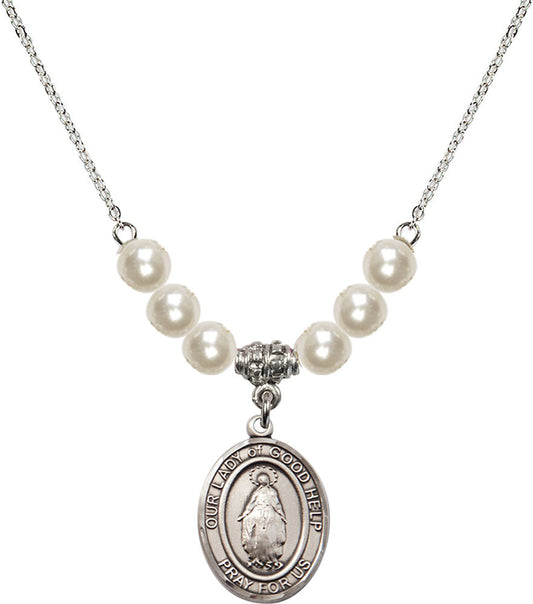 Sterling Silver Our Lady Of Good Help Birthstone Necklace with Faux-Pearl Beads - 8431