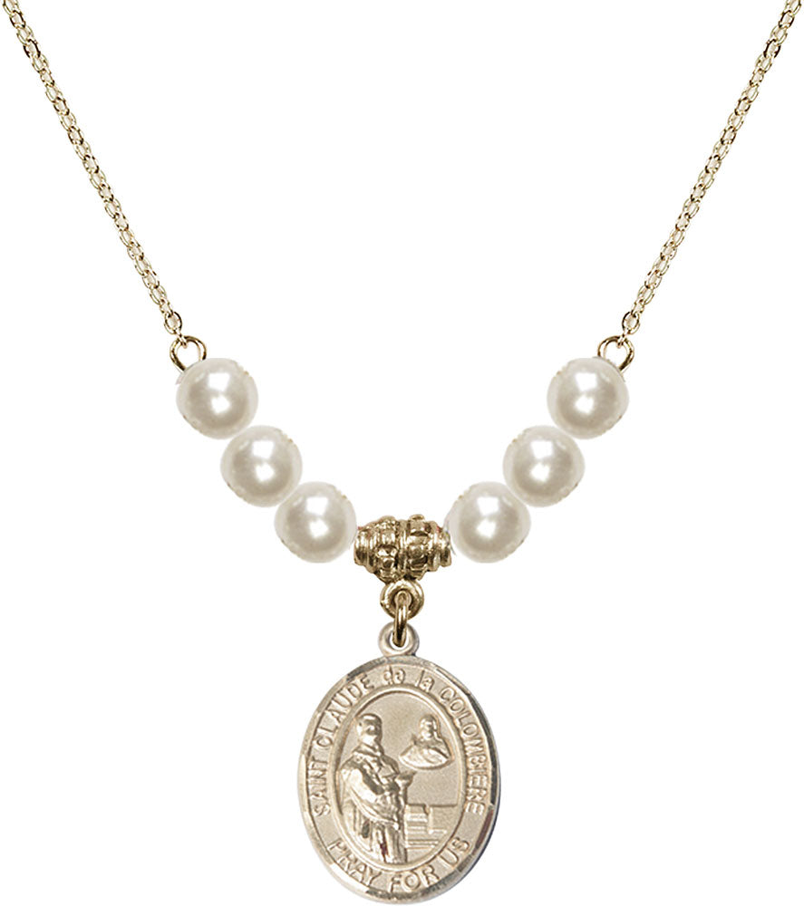 14kt Gold Filled Saint Claude de la Colombiere Birthstone Necklace with Faux-Pearl Beads - 8432