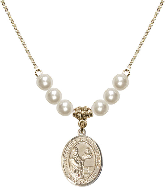 14kt Gold Filled Saint Claude de la Colombiere Birthstone Necklace with Faux-Pearl Beads - 8432