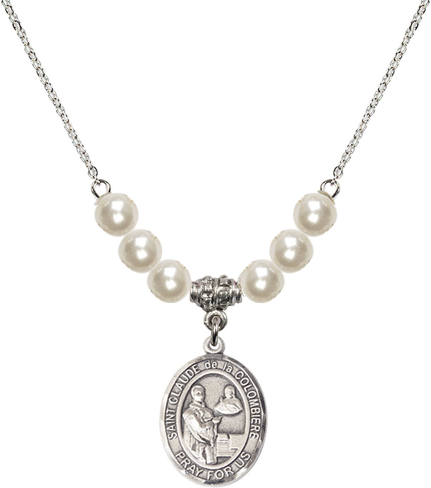 Sterling Silver Saint Claude de la Colombiere Birthstone Necklace with Faux-Pearl Beads - 8432