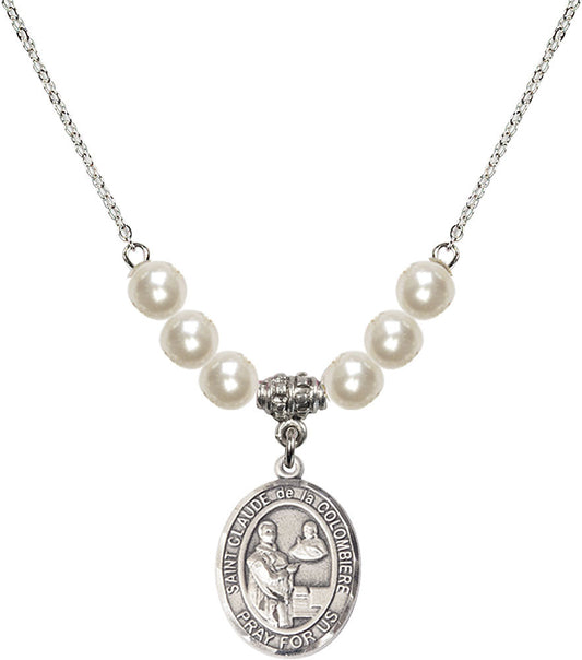 Sterling Silver Saint Claude de la Colombiere Birthstone Necklace with Faux-Pearl Beads - 8432