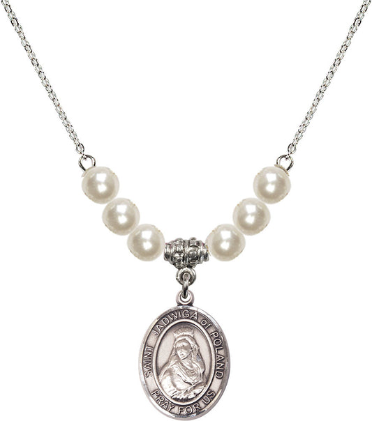 Sterling Silver Saint Jadwiga of Poland Birthstone Necklace with Faux-Pearl Beads - 8434