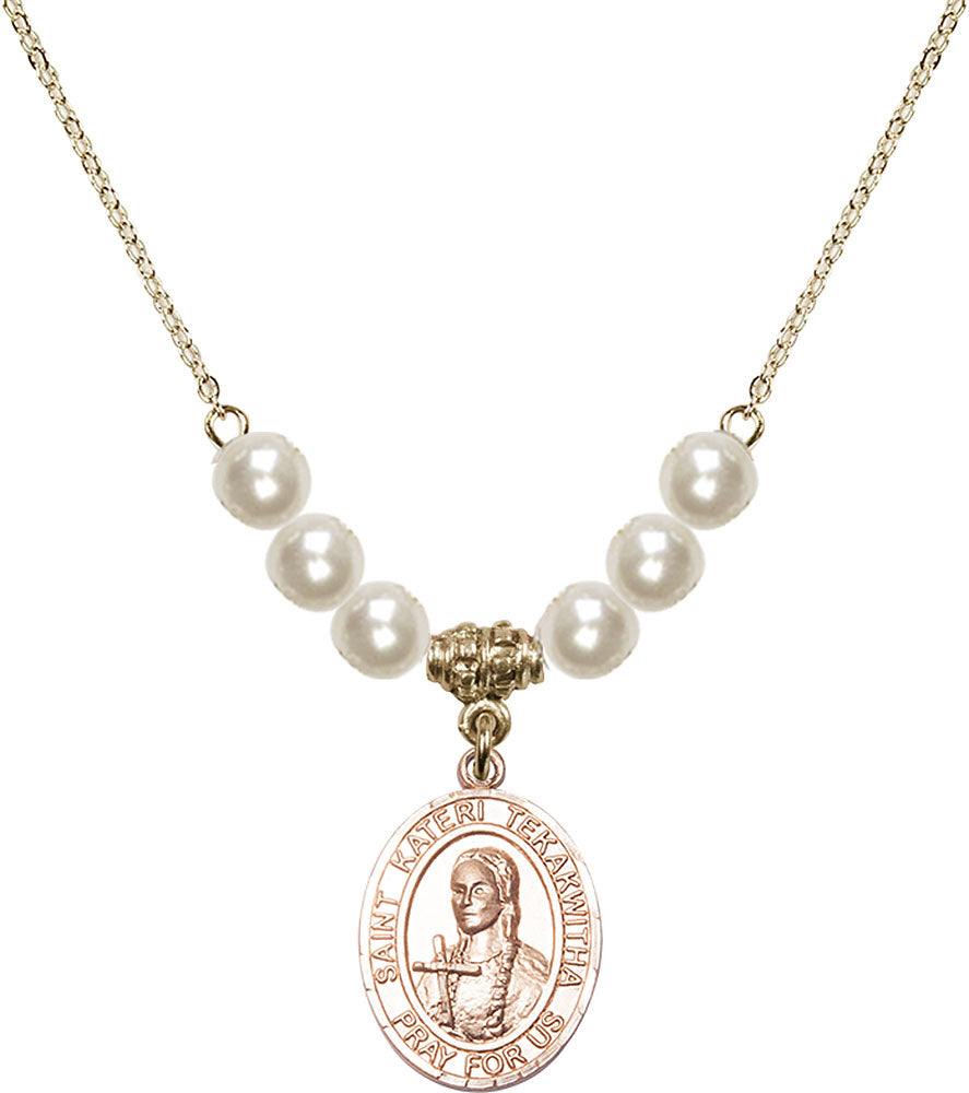 14kt Gold Filled Saint Kateri Tekakwitha Birthstone Necklace with Faux-Pearl Beads - 8438