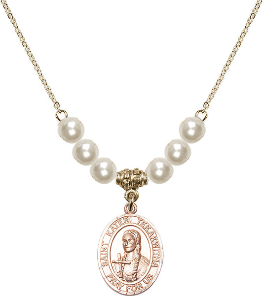 14kt Gold Filled Saint Kateri Tekakwitha Birthstone Necklace with Faux-Pearl Beads - 8438