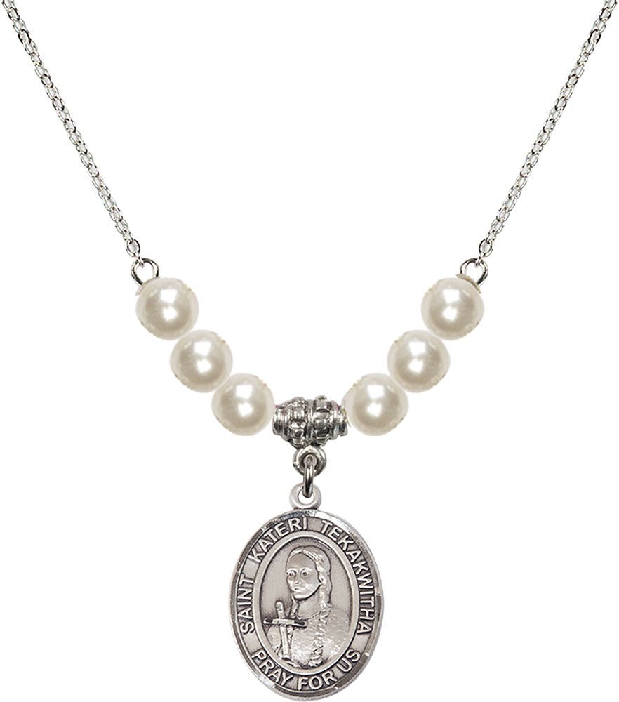 Sterling Silver Saint Kateri Tekakwitha Birthstone Necklace with Faux-Pearl Beads - 8438