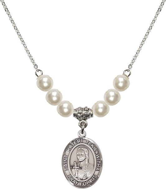 Sterling Silver Saint Kateri Tekakwitha Birthstone Necklace with Faux-Pearl Beads - 8438