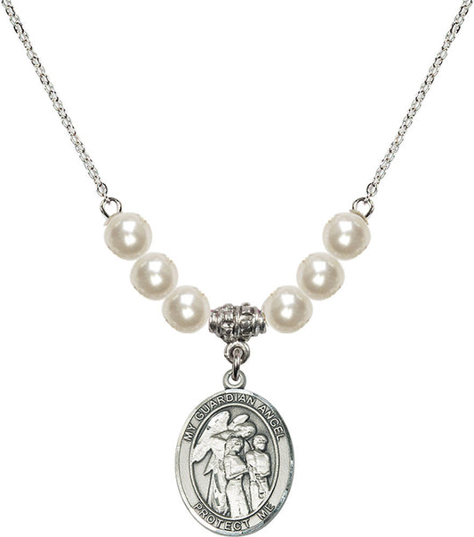 Sterling Silver Guardian Angel w/Children Birthstone Necklace with Faux-Pearl Beads - 8439