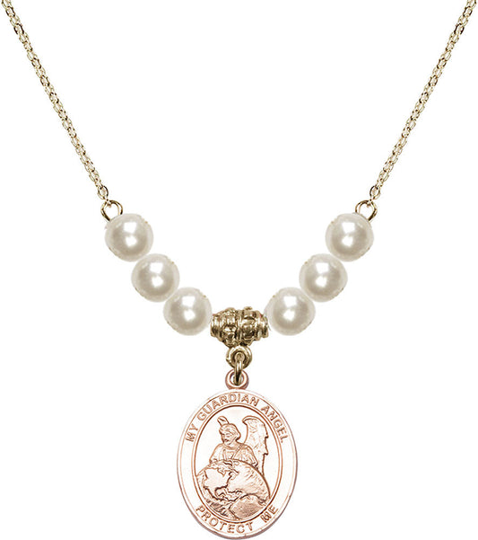 14kt Gold Filled Guardian Angel Protector Birthstone Necklace with Faux-Pearl Beads - 8440