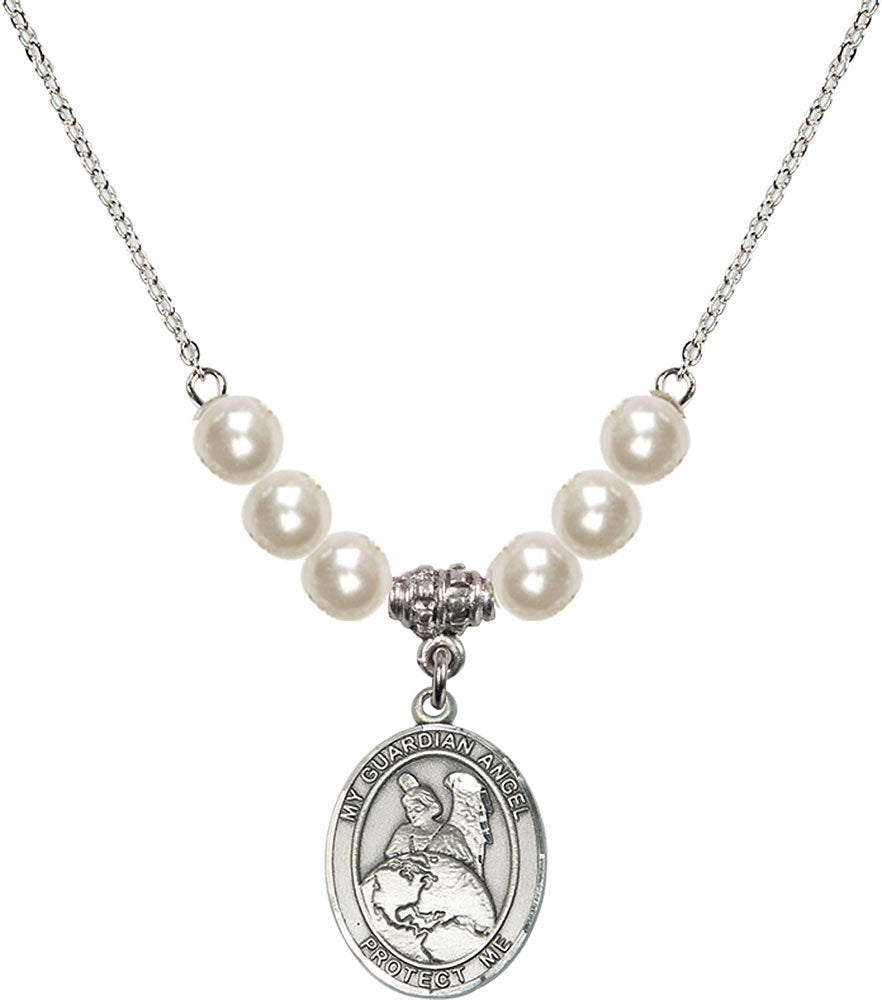 Sterling Silver Guardian Angel Protector Birthstone Necklace with Faux-Pearl Beads - 8440