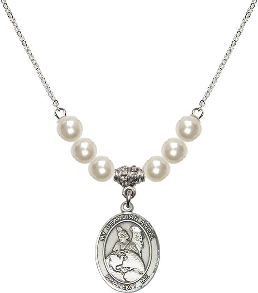 Sterling Silver Guardian Angel Protector Birthstone Necklace with Faux-Pearl Beads - 8440