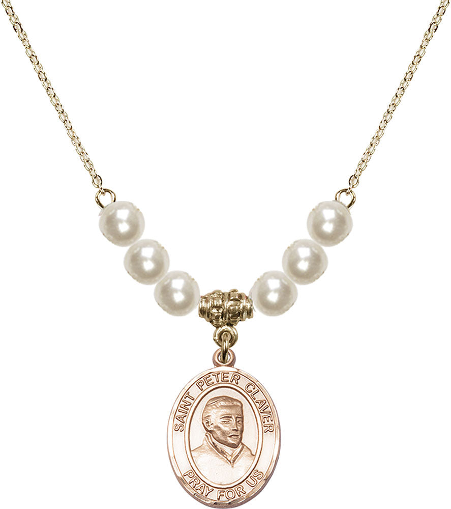 14kt Gold Filled Saint Peter Claver Birthstone Necklace with Faux-Pearl Beads - 8442