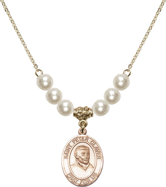 14kt Gold Filled Saint Peter Claver Birthstone Necklace with Faux-Pearl Beads - 8442