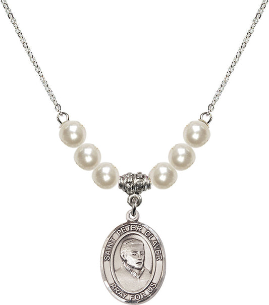 Sterling Silver Saint Peter Claver Birthstone Necklace with Faux-Pearl Beads - 8442