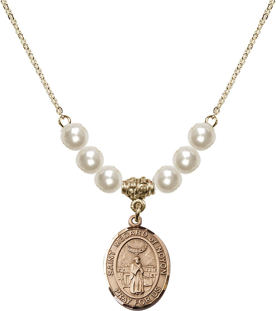 14kt Gold Filled Saint Medard of Noyon Birthstone Necklace with Faux-Pearl Beads - 8444