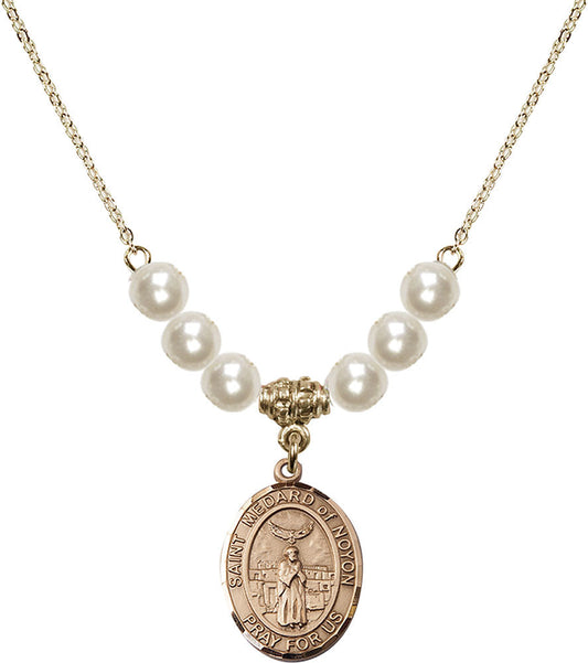 14kt Gold Filled Saint Medard of Noyon Birthstone Necklace with Faux-Pearl Beads - 8444