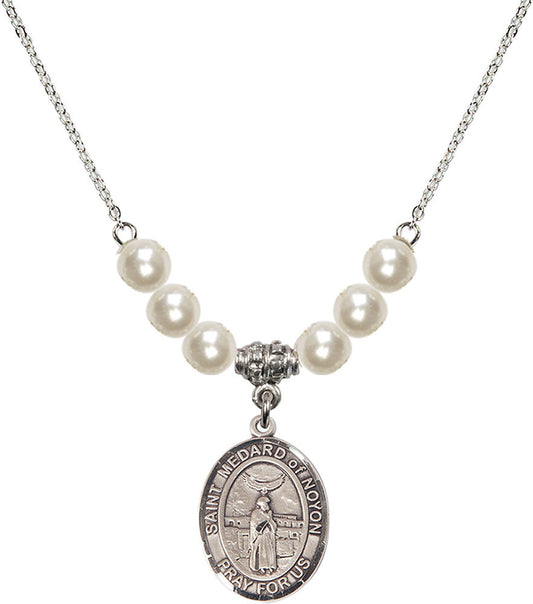 Sterling Silver Saint Medard of Noyon Birthstone Necklace with Faux-Pearl Beads - 8444