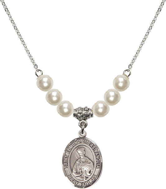 Sterling Silver Saint Edmund of East Anglia Birthstone Necklace with Faux-Pearl Beads - 8445