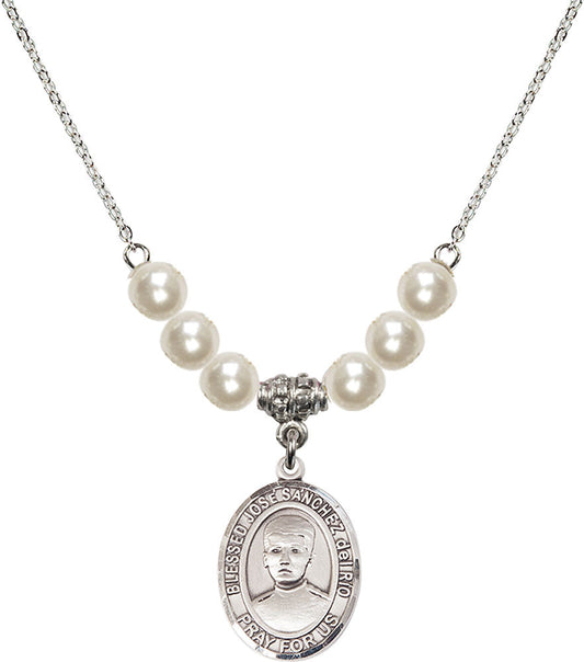 Sterling Silver Blessed Jose Sanchez del Rio Birthstone Necklace with Faux-Pearl Beads - 8446