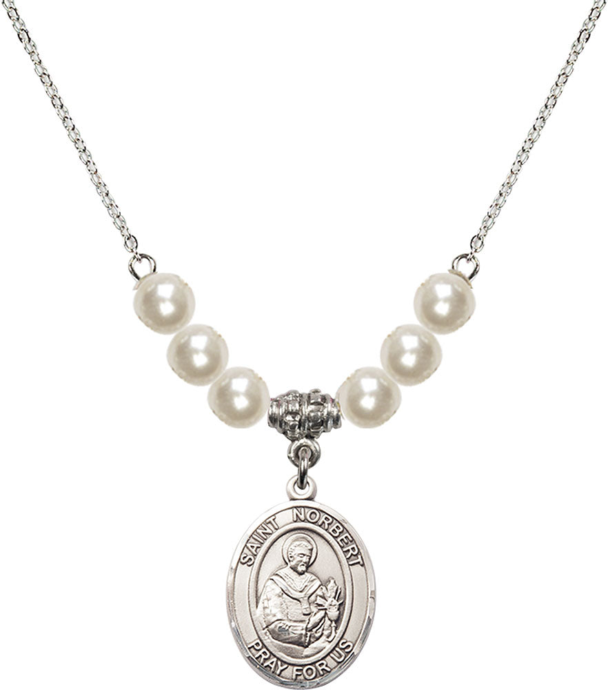 Sterling Silver Saint Norbert of Xanten Birthstone Necklace with Faux-Pearl Beads - 8447