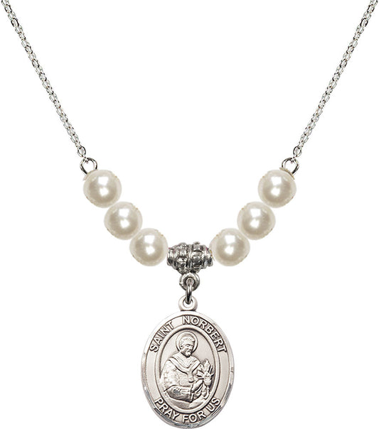 Sterling Silver Saint Norbert of Xanten Birthstone Necklace with Faux-Pearl Beads - 8447