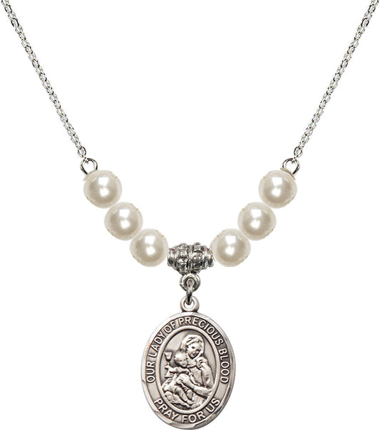 Sterling Silver Our Lady of the Precious Blood Birthstone Necklace with Faux-Pearl Beads - 8448