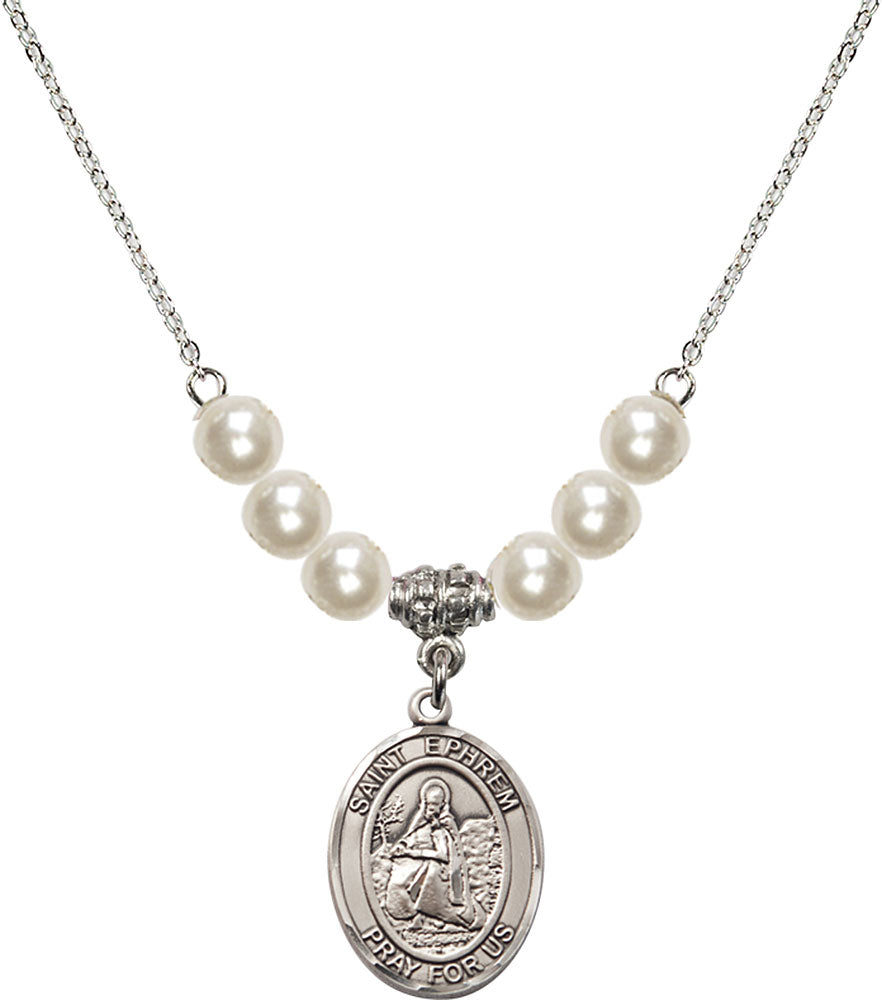 Sterling Silver Saint Ephrem Birthstone Necklace with Faux-Pearl Beads - 8449