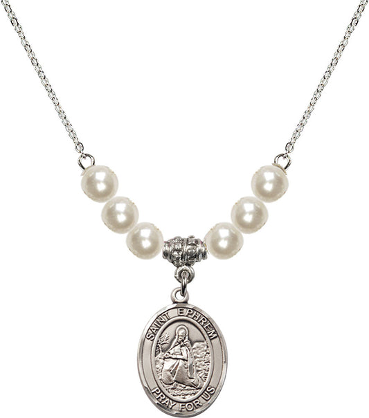 Sterling Silver Saint Ephrem Birthstone Necklace with Faux-Pearl Beads - 8449
