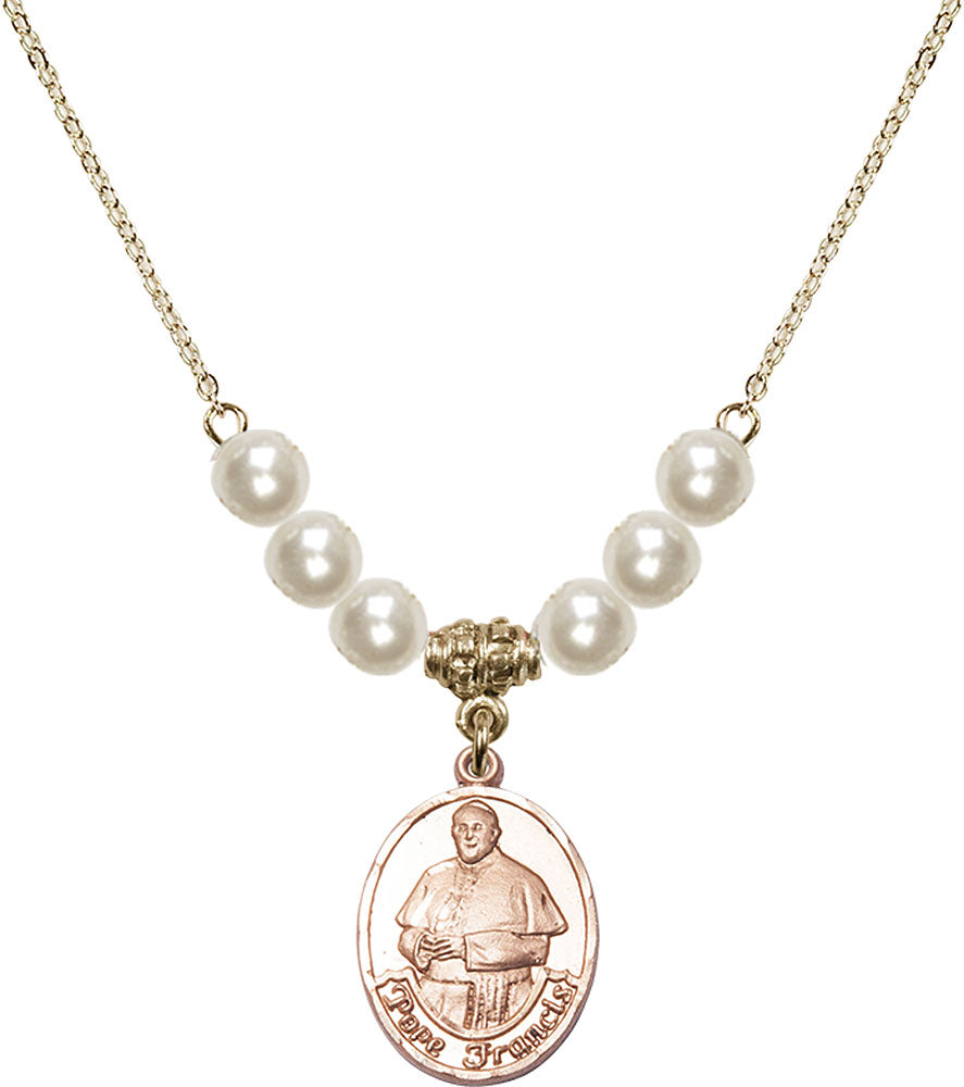 14kt Gold Filled Pope Francis Birthstone Necklace with Faux-Pearl Beads - 8451
