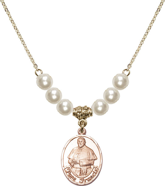 14kt Gold Filled Pope Francis Birthstone Necklace with Faux-Pearl Beads - 8451