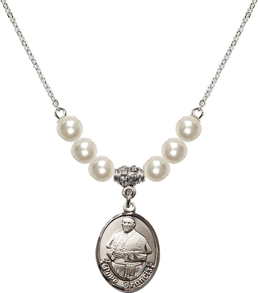 Sterling Silver Pope Francis Birthstone Necklace with Faux-Pearl Beads - 8451