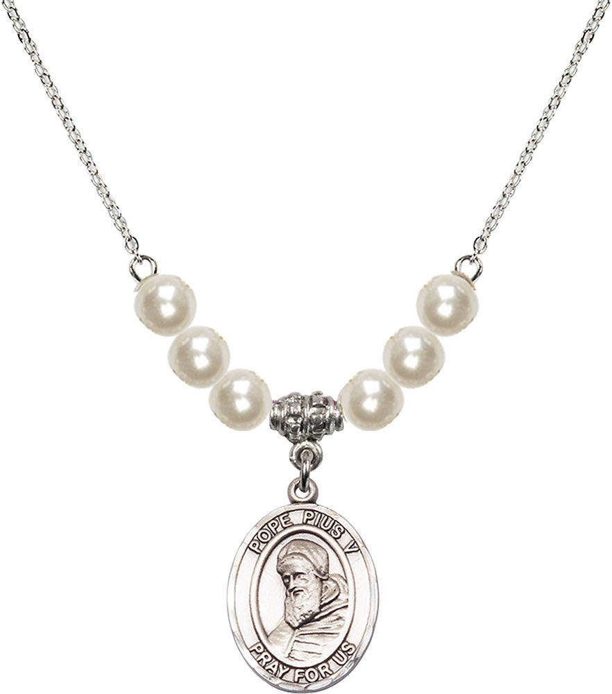 Sterling Silver Saint Pius V Birthstone Necklace with Faux-Pearl Beads - 8452