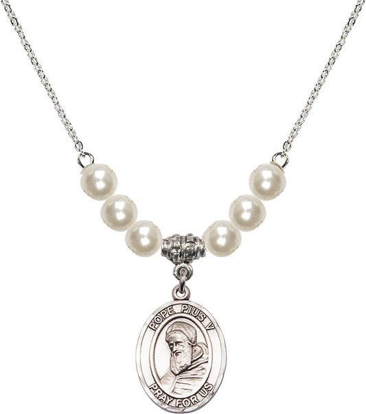 Sterling Silver Saint Pius V Birthstone Necklace with Faux-Pearl Beads - 8452