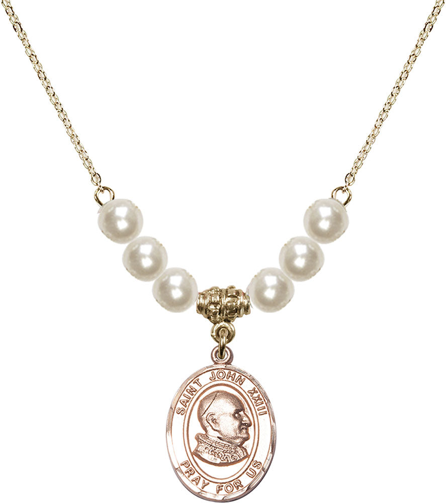 14kt Gold Filled Saint John XXIII Birthstone Necklace with Faux-Pearl Beads - 8455