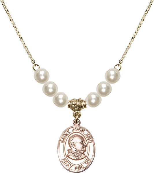 14kt Gold Filled Saint John XXIII Birthstone Necklace with Faux-Pearl Beads - 8455